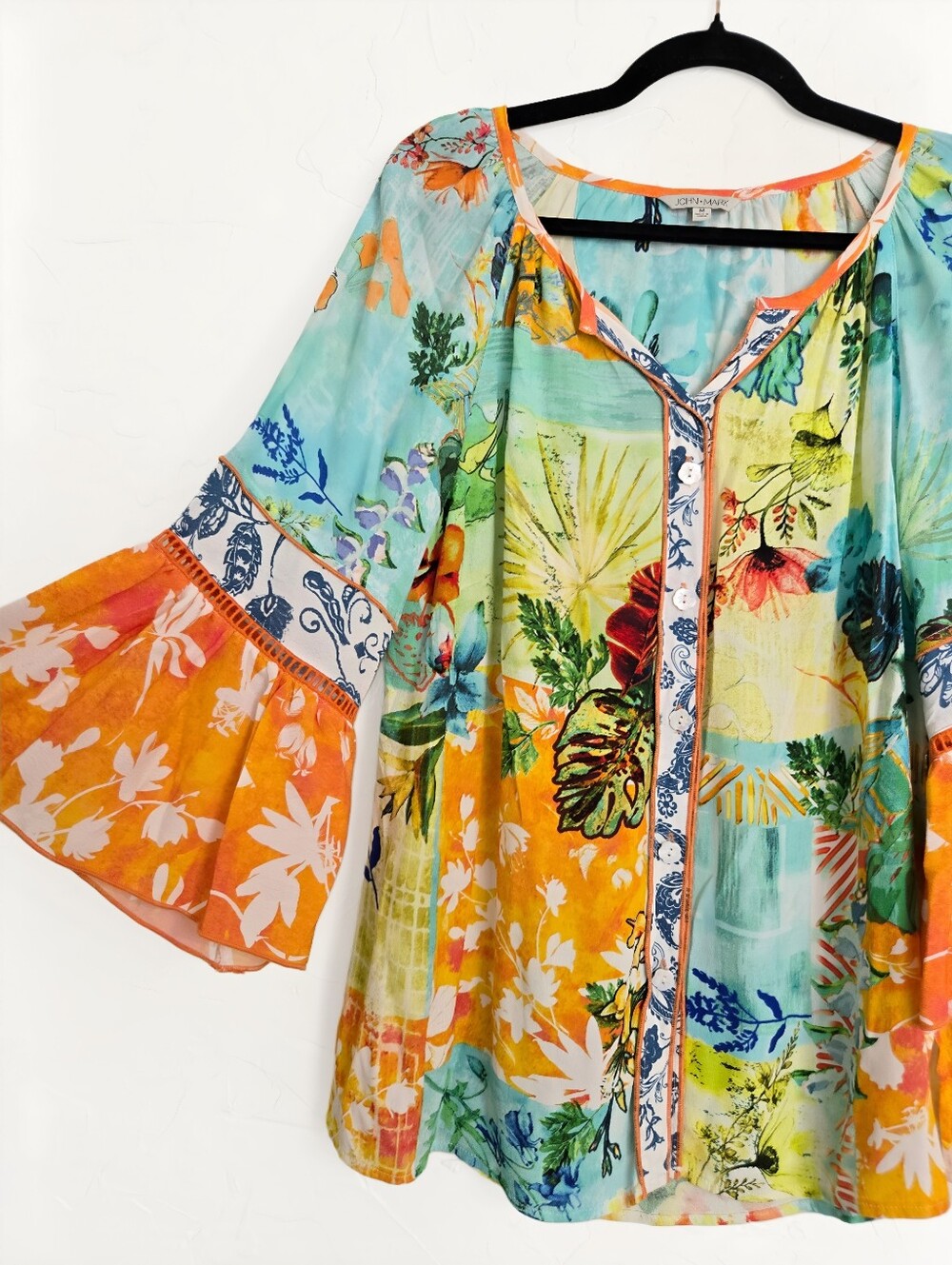 John Mark Tropical Colorful Orange Blue Button Up Top, M